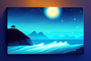 Fototapeta premium a drawing of a dreamlike landscape of an ocean, and stars in a night sky, in the style of adventure time. Generative Ai concept