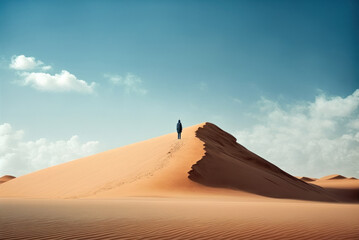 Fototapeta na wymiar Man walking alone in the desert, rear view, footprints on the sand dunes. AI generative