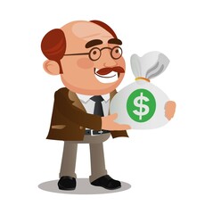 Happy rich businessman character hold fan of money 