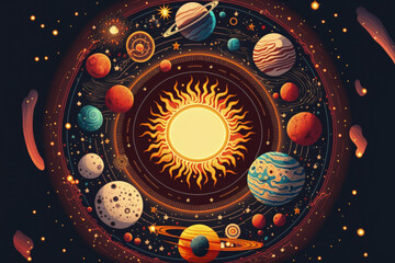 Zodiac astronomy art of The Sun, The Moon, Meteor Shower, Stars and Constellation among the billions in the Milky Way Galaxy Space of the Universe. Generative AI