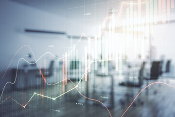 Double exposure of abstract creative financial chart hologram on modern corporate office background, research and strategy concept
