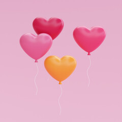 Obraz na płótnie Canvas 3d Heart-shape balloons floating isolated on pink background. Element decor for Valentine's Day, Mother's Day or birthday. 3d rendering.