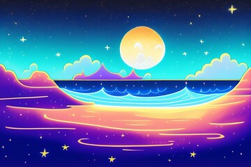 Obraz na płótnie Canvas a drawing of a dreamlike landscape of an ocean, and stars in a night sky, in the style of adventure time. Generative Ai concept