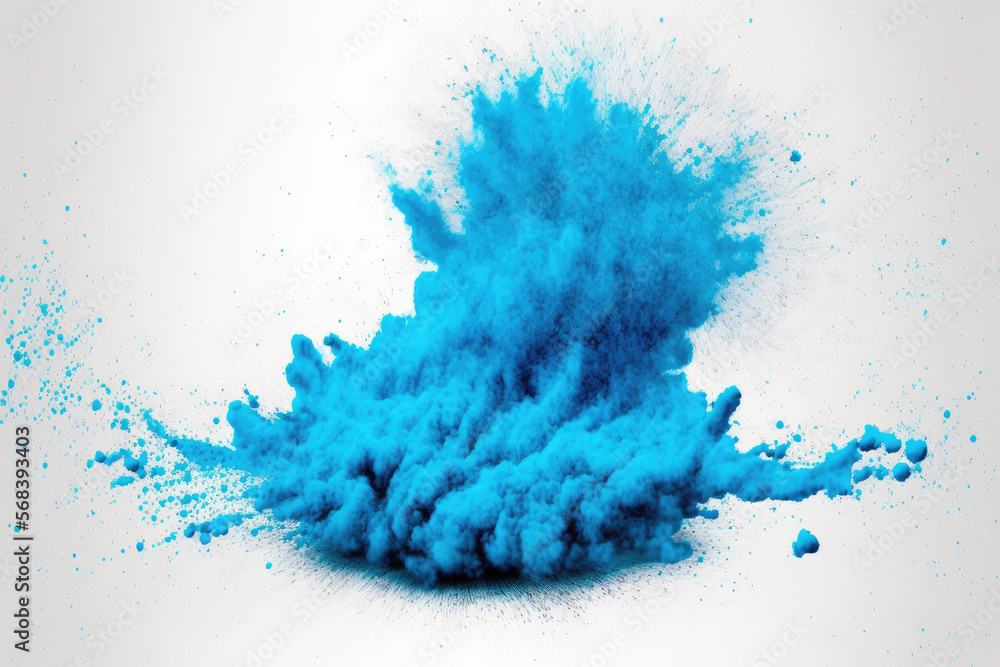 Poster explosive blue dust powder. splashes float on an abstract texture. on a background of white. generat