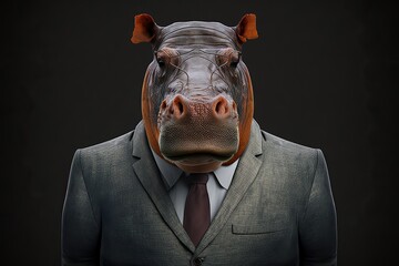 Portrait of a Hippopotamus in a business suit ready for action.