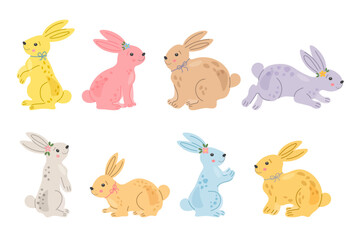 Rabbit, bunny and hare, spring festive animal with flowers. Cartoon Easter holiday vector characters, Can be used for posters, cards of any print. Easter Sunday vector collection isolated on white.