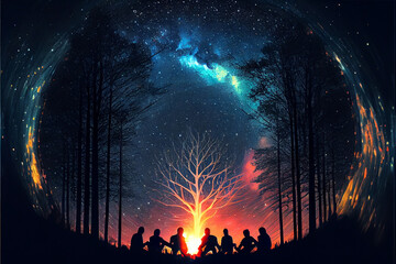 People at spiritual gathering of shamanic sacred ritual aura healing. People stay around the campfire. Diverse people enjoy spiritual gathering. People stay around the campfire. People stay around the