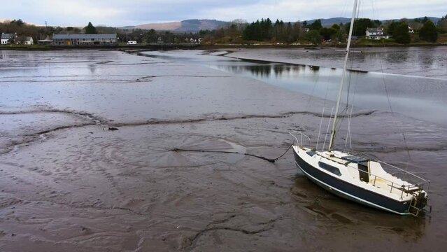 Boat Stuck on Sandbar in Low Flow River.Ireland. Cork. Aerial Drone.