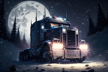 Truck in snow moonlight created using Generative AI Technology
