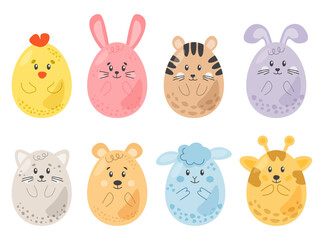 Obraz premium Set of cute colorful Easter eggs isolated on white background. Easter symbol bunny, rabbit, chicken, cat, lamb, decorative vector elements. Collection of colored eggs for posters, cards of print.