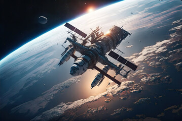 Obraz premium International space and planet earth with sun Generative AI