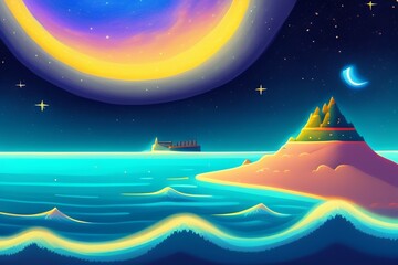 Obraz na płótnie Canvas a drawing of a dreamlike landscape of an ocean, and stars in a night sky, in the style of adventure time. Generative Ai concept