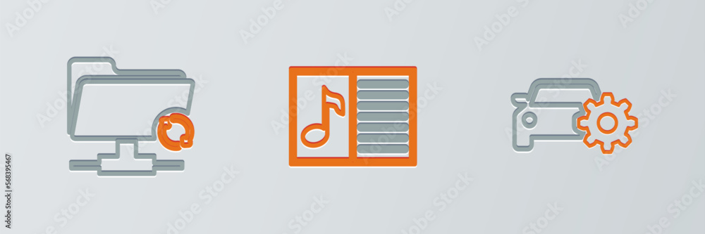 Poster set line car service, ftp sync refresh and music book with note icon. vector