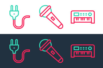 Set line Music synthesizer, Electric plug and Microphone icon. Vector