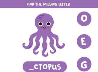 Find missing letter with cartoon octopus. Spelling worksheet.
