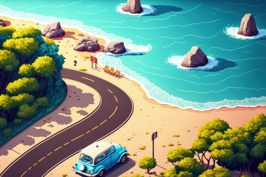 An Idyllic Seashore With A Winding Asphalt Road And A Small Car In Motion Is Seen From Above. The Context Of Travel And Vacation. Generative AI