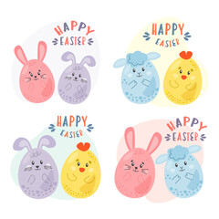 Happy Easter. Cute compositions with eggs, bunnies, rabbits, flowers for decoration design, spring and easter greeting cards and invitations. Easter lettering and hand drawn elements.