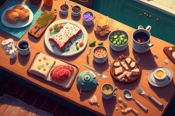 View from above of a variety of delectable foods being served on a wooden table in the kitchen during a morning continental breakfast. Generative AI