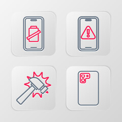 Set line Smartphone, Hammer, Mobile with exclamation mark and battery charge icon. Vector