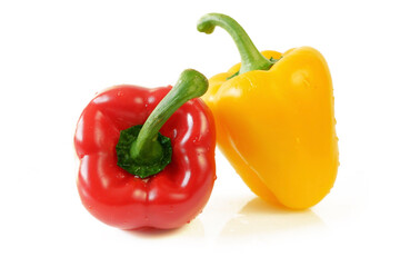 yellow and red bell peppers set isolated on white background, sweet peppers collection.