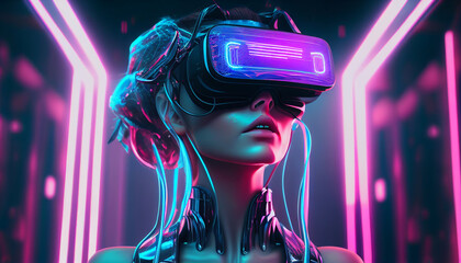 Metaverse digital cyber world technology, A humanoid cyber girl with neural network thinks. Artificial intelligence. Girl with virtual reality VR goggle playing AR augmented reality game and entertain