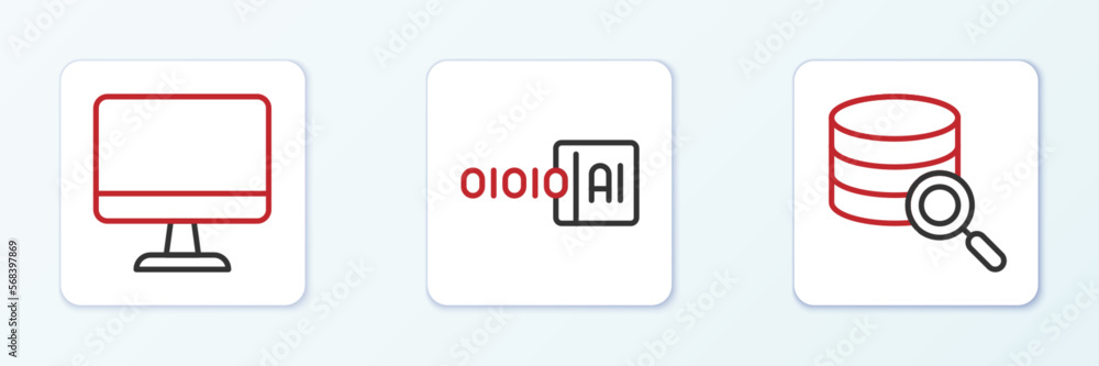 Poster set line server, computer monitor and binary code icon. vector
