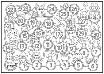Easter black and white board game for children with funny animals going for egg hunt. Spring holiday boardgame with bunny, chick. Cute garden printable roll a dice activity or coloring page.
