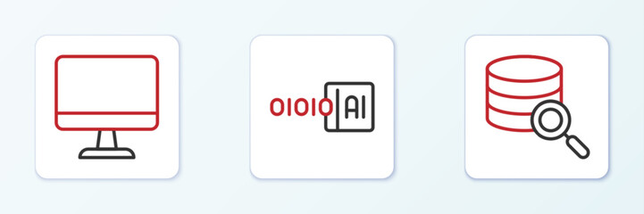 Set line Server, Computer monitor and Binary code icon. Vector