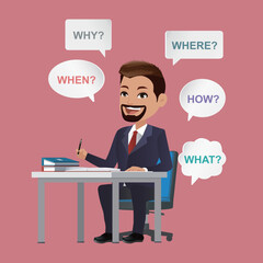 business people standing with various questions