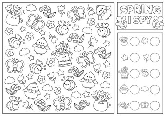 Spring or summer black and white I spy game for kids. Searching and counting activity with cute kawaii chick, bee. Garden printable worksheet, coloring page. Simple spotting puzzle with first flowers.