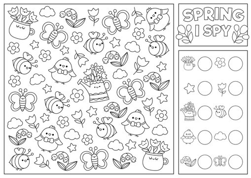 Spring Or Summer Black And White I Spy Game For Kids. Searching And Counting Activity With Cute Kawaii Chick, Bee. Garden Printable Worksheet, Coloring Page. Simple Spotting Puzzle With First Flowers.