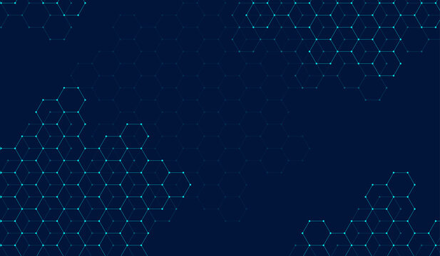 Technology abstract lines and dots connect background with hexagons. Hexagon grid. Hexagons connection digital data and big data concept. Hex digital data visualization, illustration.