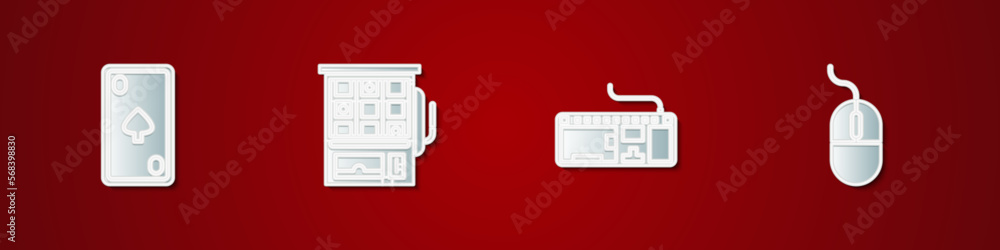 Poster set playing card with diamonds, slot machine, computer keyboard and mouse icon. vector