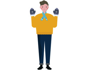 冬に防寒対策をする笑顔の男性。ほのぼの人物。ベクターイラスト