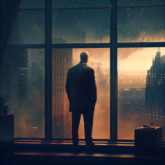 Fototapeta na wymiar A businessman standing near a huge window in his office against the backdrop of skyscrapers.