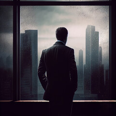 Fototapeta premium A businessman standing near a huge window in his office against the backdrop of skyscrapers.