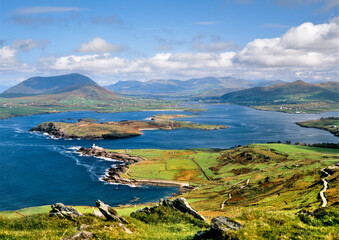 View east from Valencia Island over Beginish Island toward town of Cahersiveen on Iveragh Peninsula, County Kerry, Ireland