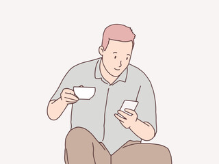 Relax man enjoying a cup of coffee and smartphone simple korean style illustration