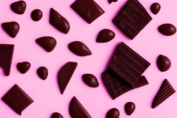 Fototapeta premium Flying delicious dark chocolate in the air on pastel pink background. high resolution image - generative ai