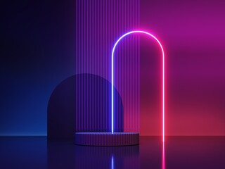 Empty luminous showcase, stand, display for presentations, advertising of technological products, gadgets. Abstract neon background with glowing geometric shapes, objects, arch frame - 3d render. 