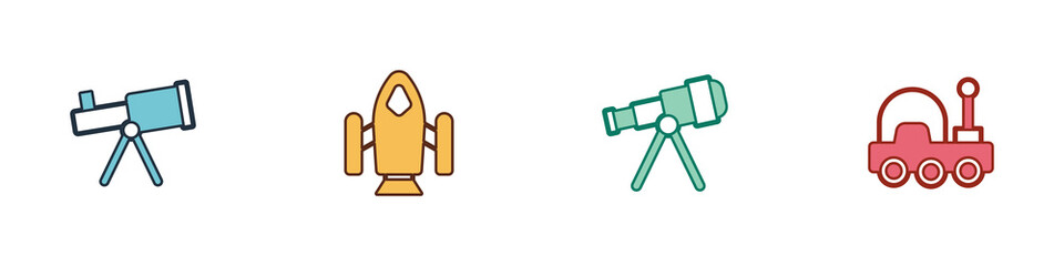 Set Telescope, Rocket ship, and Mars rover icon. Vector