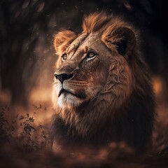 Löwe in seinem natürlichen Lebensraum, moody, Wildtier Portrait, magisches Bokeh
erstellt durch generative AI