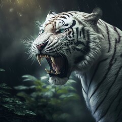weisser Sumatra Tiger in seinem natürlichen Lebensraum, moody, Wildtier Portrait, magisches Bokeh
erstellt durch generative AI