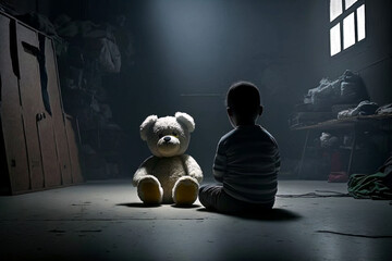 Young boy and his teddy bear are sitting on the floor of a dark, abandoned room. Mysterious, scary place. No love, poverty, fear, child loneliness concept. Ai llustration, digital art. - obrazy, fototapety, plakaty