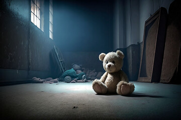 A teddy bear sitting on the floor of a dark, abandoned room. Mysterious, scary place. No love, poverty, fear, child loneliness  - concept. Ai llustration, fantasy digital, artificial intelligence