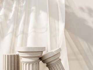 Display, showcase, podium in the form of  classic Greek Doric pillars. 3d render illustration for advertising goods, products, museum expansions. Abstract natural background  with shadows on the wall.