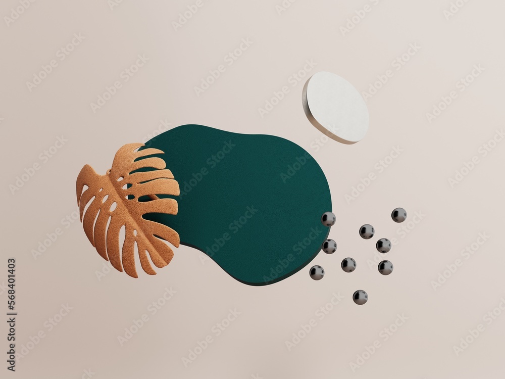 Poster 3d render of an abstract minimalistic boho style background. simple flying forms in luxury color wit