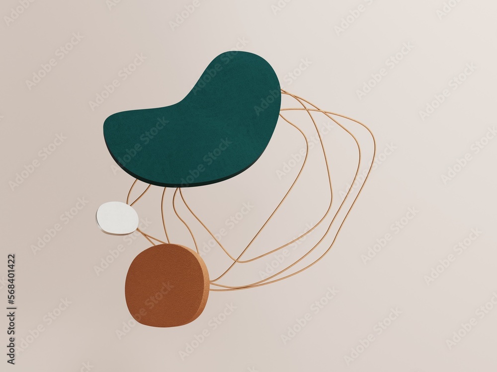 Poster 3d render of an abstract minimalistic boho style background. simple flying forms in luxury color wit
