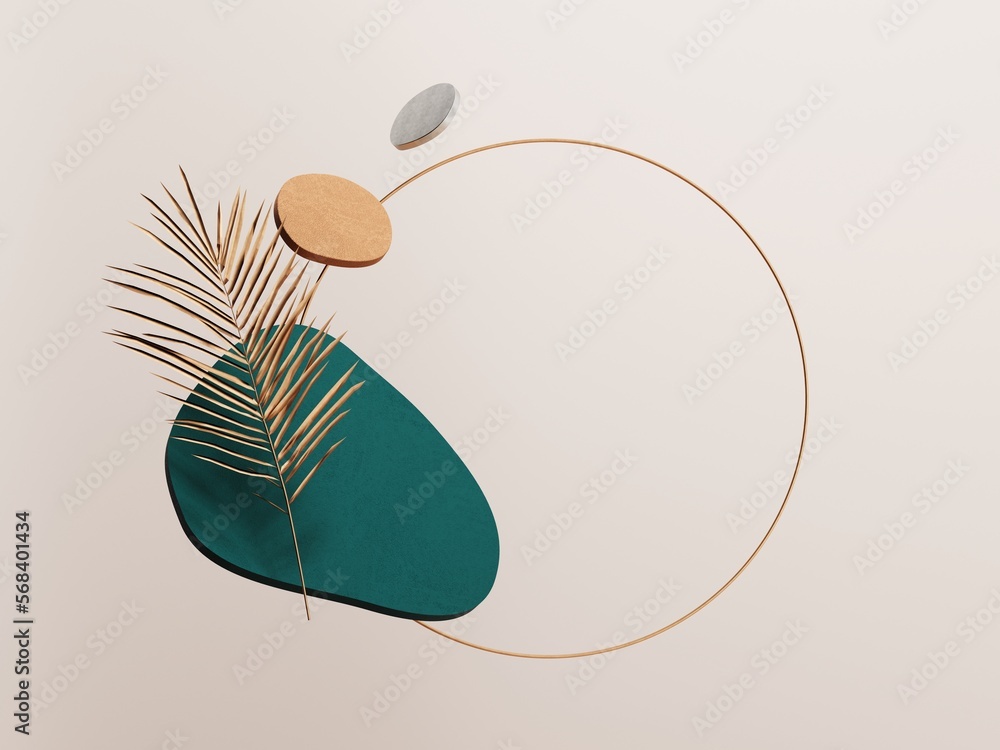 Poster 3d render of an abstract minimalistic boho style background. simple flying forms in luxury color wit