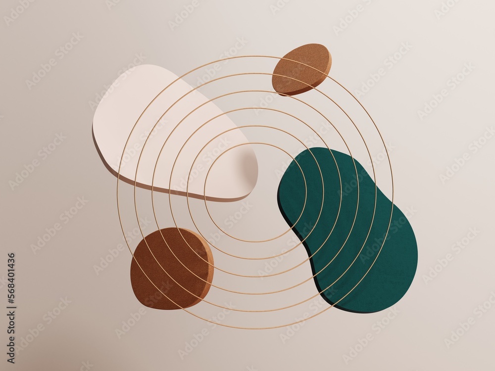 Poster 3d render of an abstract minimalistic boho style background. simple flying forms in luxury color wit